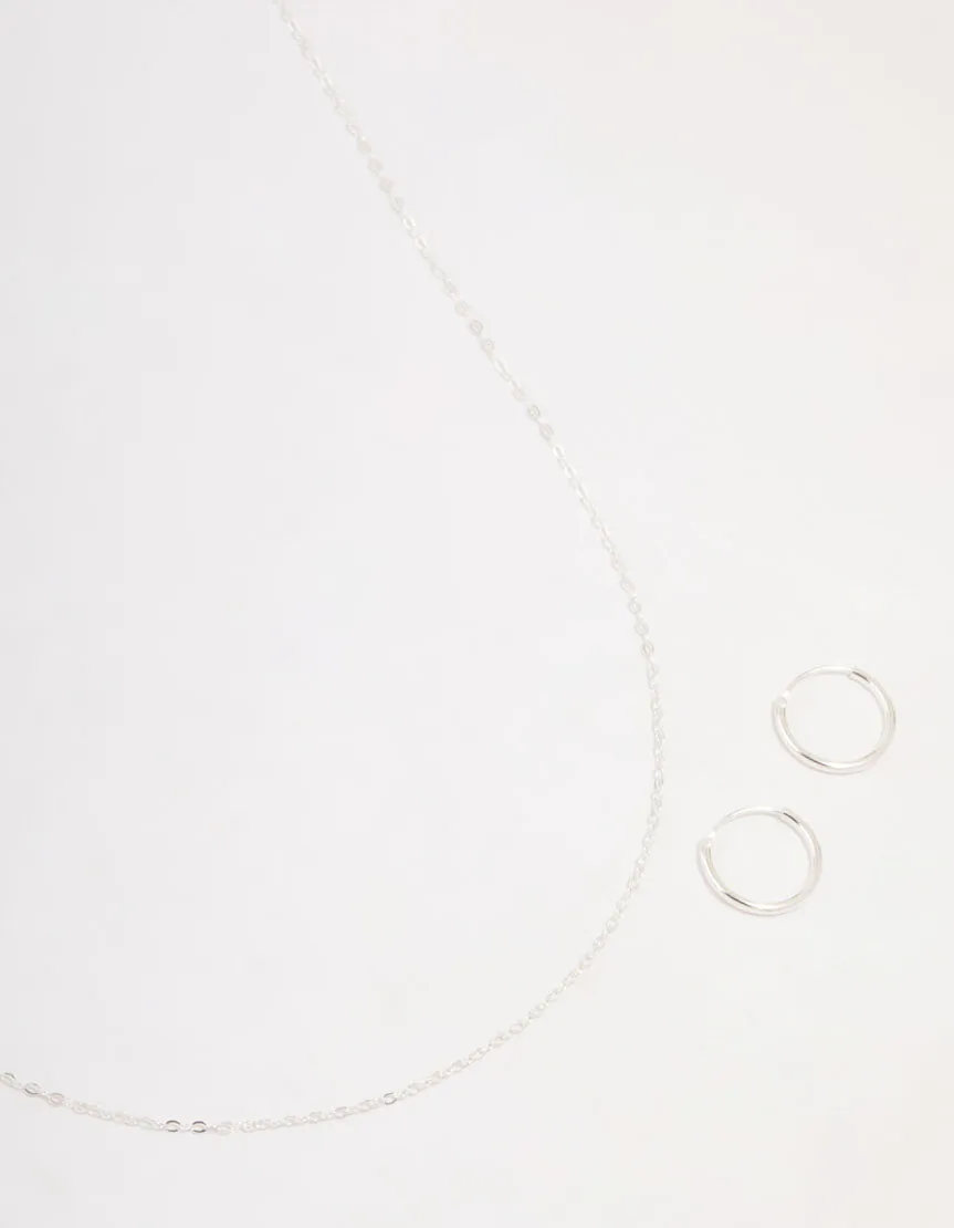 Sterling Silver Chain Necklace & Hoop Earrings Set