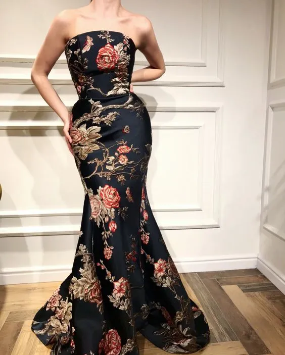 strapless evening dresses long printed elegant vintage mermaid elegant muslim evening gown