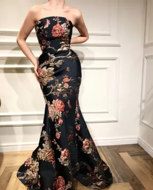 strapless evening dresses long printed elegant vintage mermaid elegant muslim evening gown