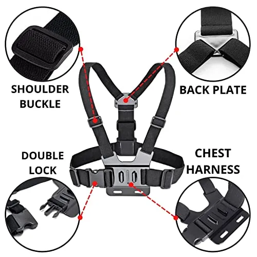 TECHONTO Adjustable Chest Harness Belt Strap Mount Light Weight 3 Points Elastic Compatible with Gopro Hero 8/7/6,SJCAM, Yi, DJI Osmo Action & Other Action Cameras (Black)