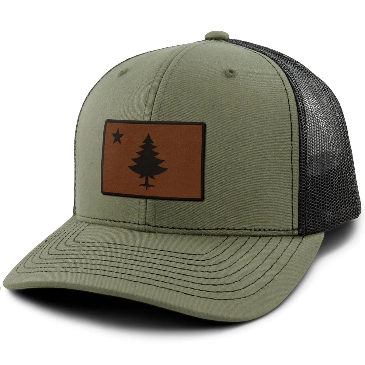 Vintage Maine Flag Leather Patch Classic Snapback Trucker