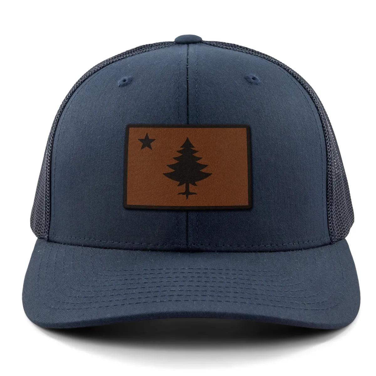 Vintage Maine Flag Leather Patch Classic Snapback Trucker