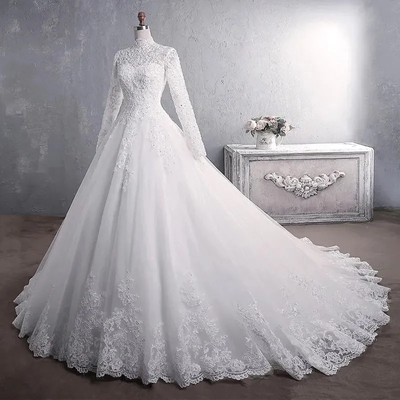 Wedding Dress Elegant High Neck With Train Princess Bride Dress