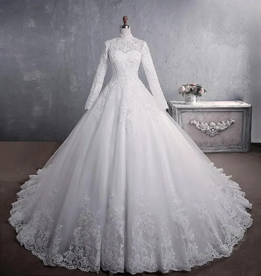 Wedding Dress Elegant High Neck With Train Princess Bride Dress