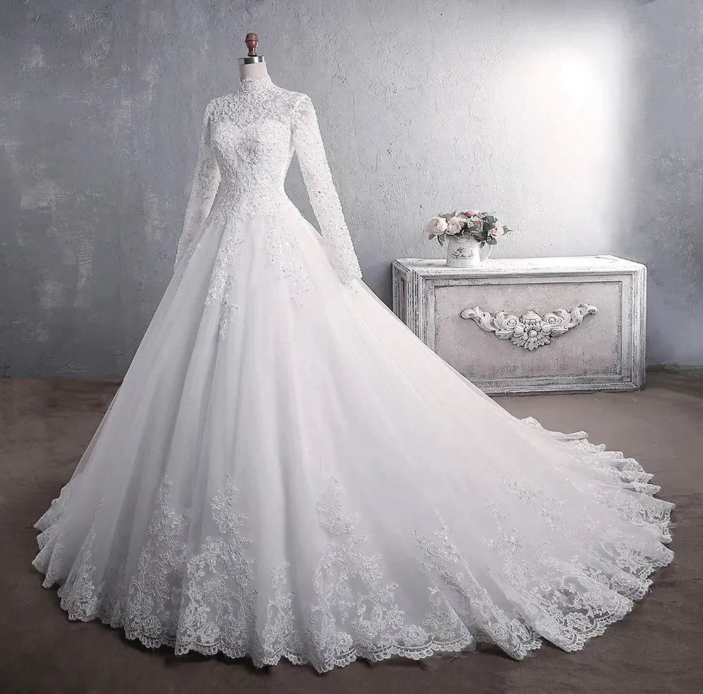 Wedding Dress Elegant High Neck With Train Princess Bride Dress