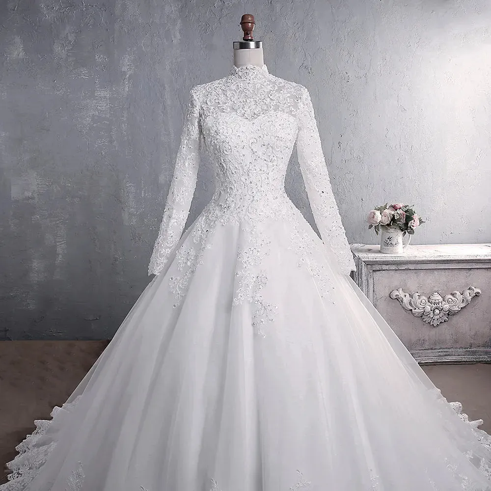 Wedding Dress Elegant High Neck With Train Princess Bride Dress
