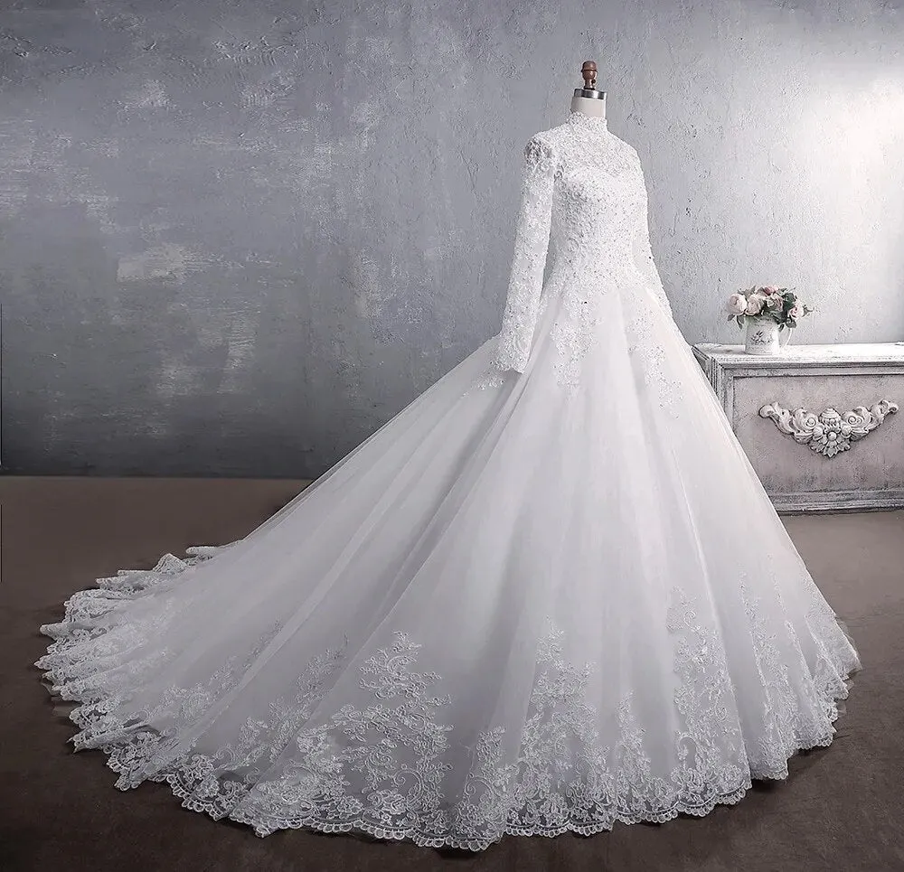 Wedding Dress Elegant High Neck With Train Princess Bride Dress