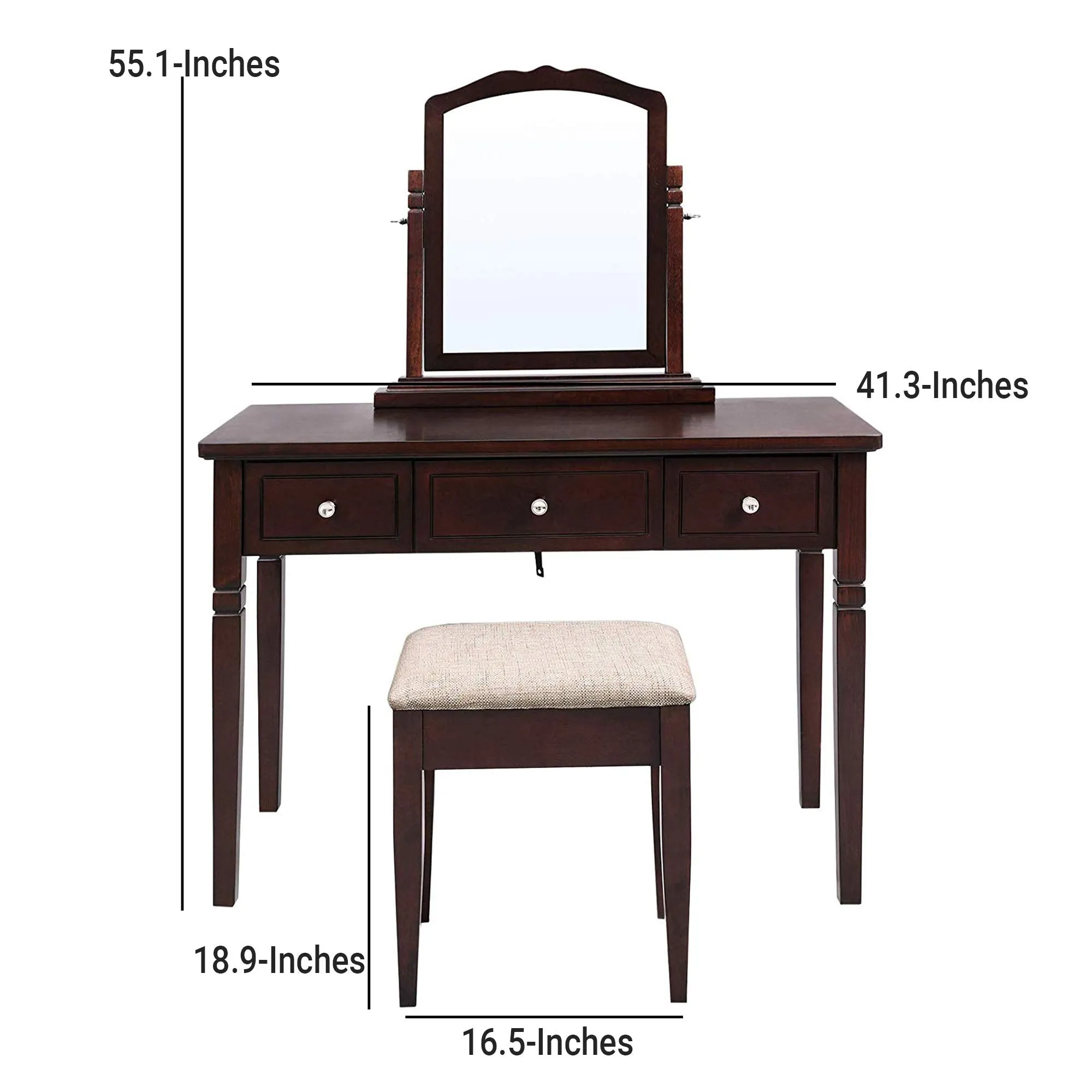 Wooden Vanity Set with 3 Drawers and Adjustable Mirror, Brown